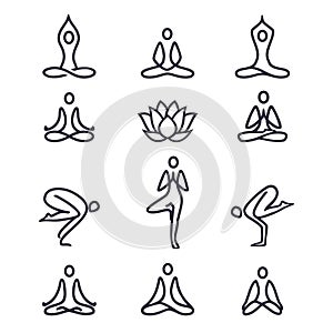 Yoga line icons set. Meditation practice yoga icons inÂ black-and-white color.